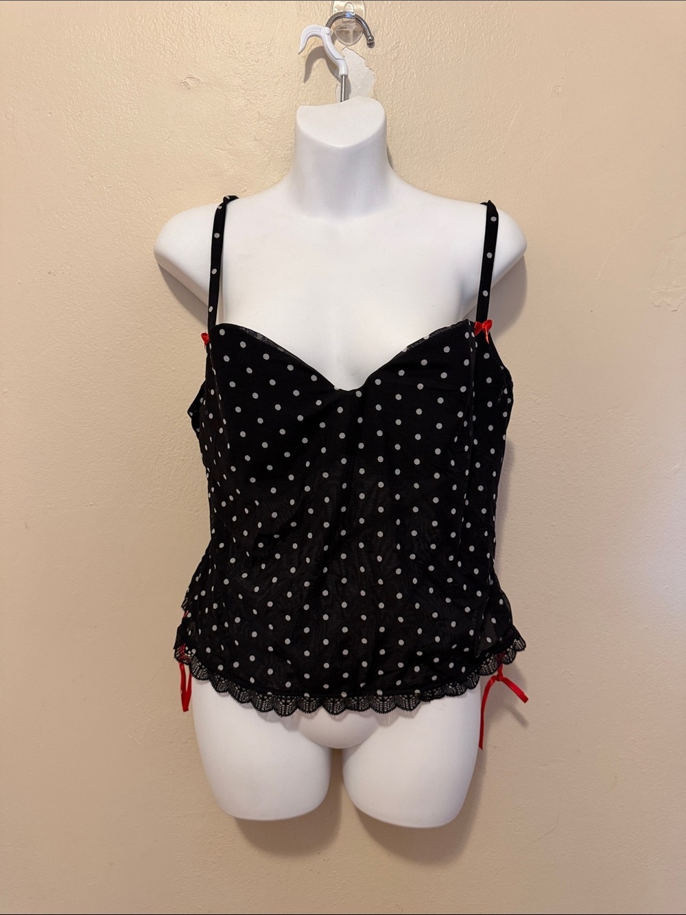 Victoria's Secret Black Polka Dot Lace Cami with Red Accents